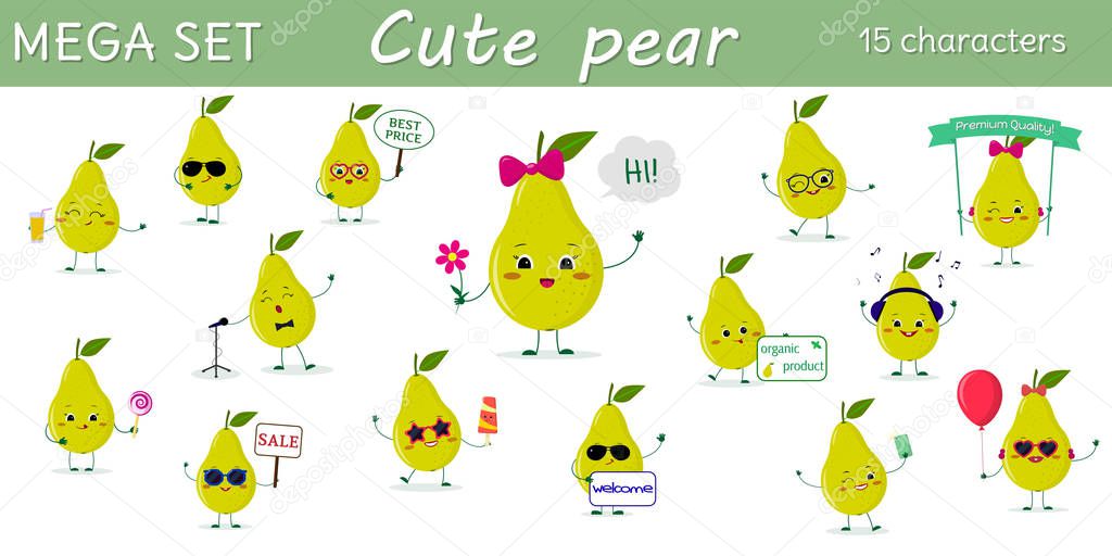 Mega set of fifteen pears a green character in different poses and accessories in cartoon style.