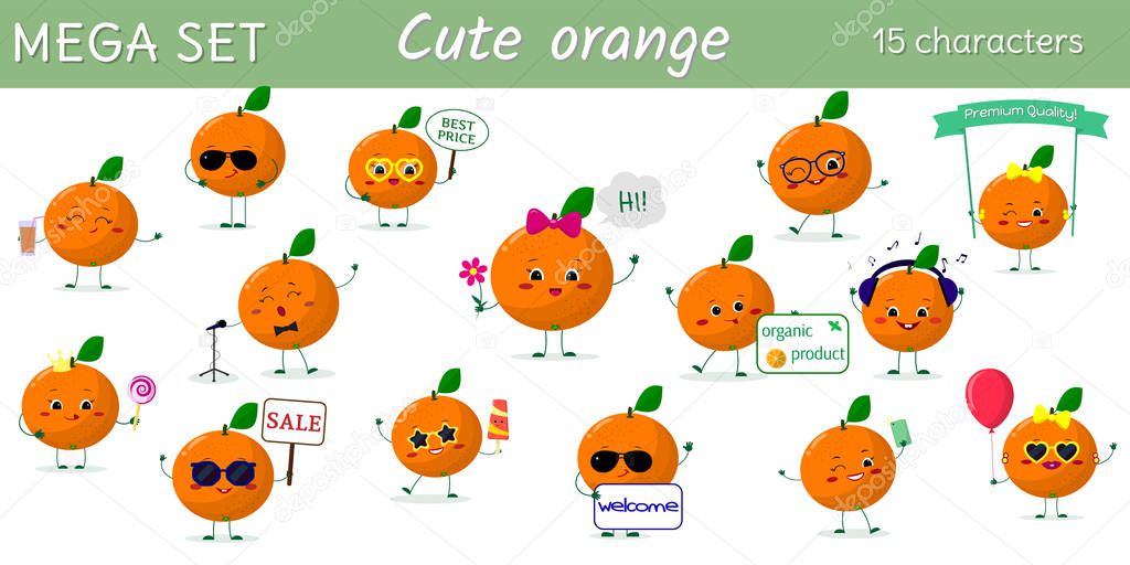 Mega set of fifteen oranges character in different poses and accessories in cartoon style. Vector illustration, a flat design.