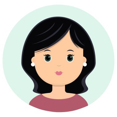 Omuzlarını kadar siyah saçlı güzel genç kadın. Modern moda, saç salonu, vektör simgesi, beyaz arka plan üzerinde izole portresi. Düz stil.