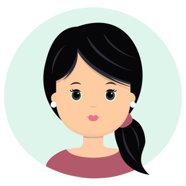 Çörek siyah saçlı güzel genç kadın. Modern moda, saç salonu, vektör simgesi, beyaz arka plan üzerinde izole portresi. Düz stil.