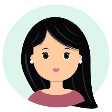 Siyah uzun saçlı güzel genç kadın. Modern moda, saç salonu, vektör simgesi, beyaz arka plan üzerinde izole portresi. Düz stil.