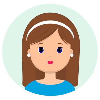 Güzel genç kadın kahverengi uzun saçlı ve bezel. Modern moda, saç salonu, vektör simgesi, beyaz arka plan üzerinde izole portresi. Düz stil.