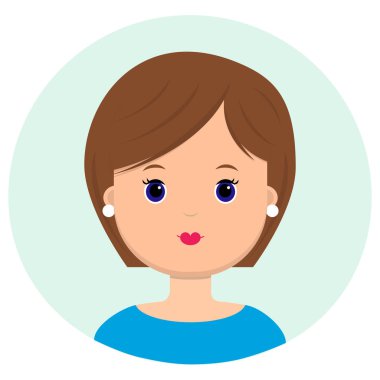 Kısa kahverengi saçlı güzel genç kadın. Modern moda, saç salonu, vektör simgesi, beyaz arka plan üzerinde izole portresi. Düz stil.