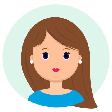 Uzun kahverengi saçlı güzel genç kadın. Modern moda, saç salonu, vektör simgesi, beyaz arka plan üzerinde izole portresi. Düz stil.