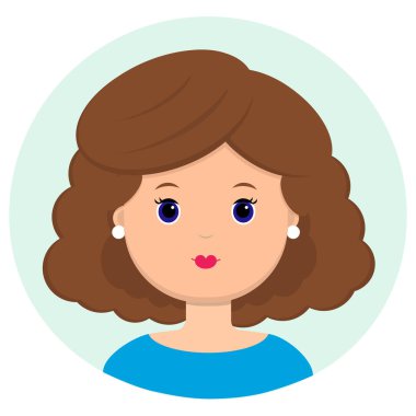 Güzel genç kadın kahverengi kıvırcık saçlı. Modern moda, saç salonu, vektör simgesi, beyaz arka plan üzerinde izole portresi. Düz stil.