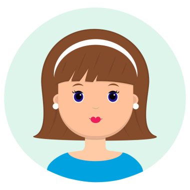 Güzel genç kadın kahverengi kısa saçlı ve bezel. Modern moda, saç salonu, vektör simgesi, beyaz arka plan üzerinde izole portresi. Düz stil.