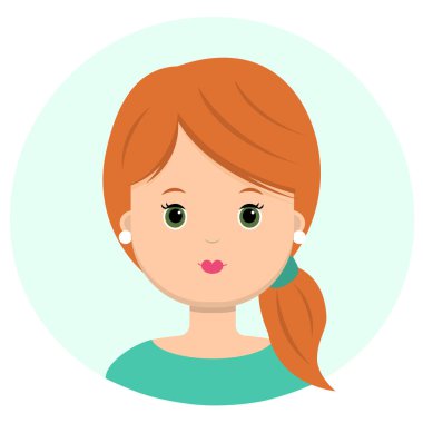 Çörek Kızıl saçlı güzel genç kadın. Modern moda, saç salonu, vektör simgesi, beyaz arka plan üzerinde izole portresi. Düz stil.