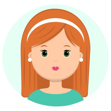 Güzel genç kadın uzun kızıl saçlı ve bezel. Modern moda, saç salonu, vektör simgesi, beyaz arka plan üzerinde izole portresi. Düz stil.