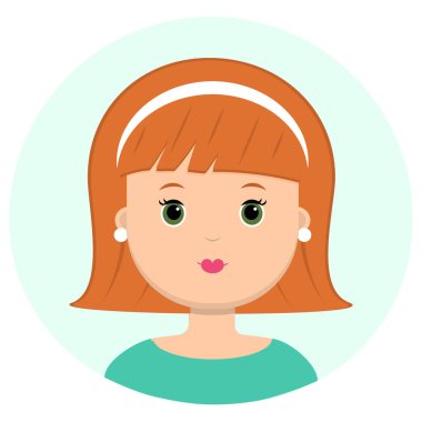 Güzel genç kadın kırmızı kısa saçlı ve bezel. Modern moda, saç salonu, vektör simgesi, beyaz arka plan üzerinde izole portresi. Düz stil.