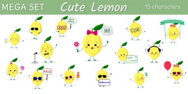 Mega on beş limon karakter farklı teşkil etmektedir ve aksesuarları karikatür tarzı ayarlayın. Vektör çizim, düz bir tasarım.