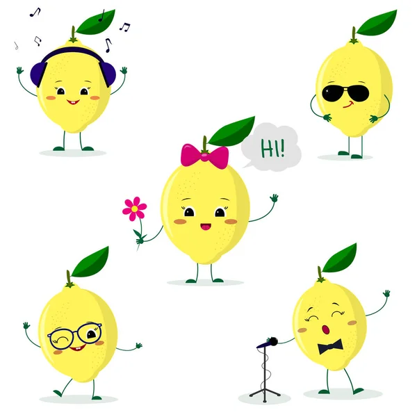 Bir karikatür tarzı beş limon karakter kümesi. Kulaklıklar, güneş gözlüğü, Gözlük, çiçekli, mikrofona şarkı dans. Düz, vektör.