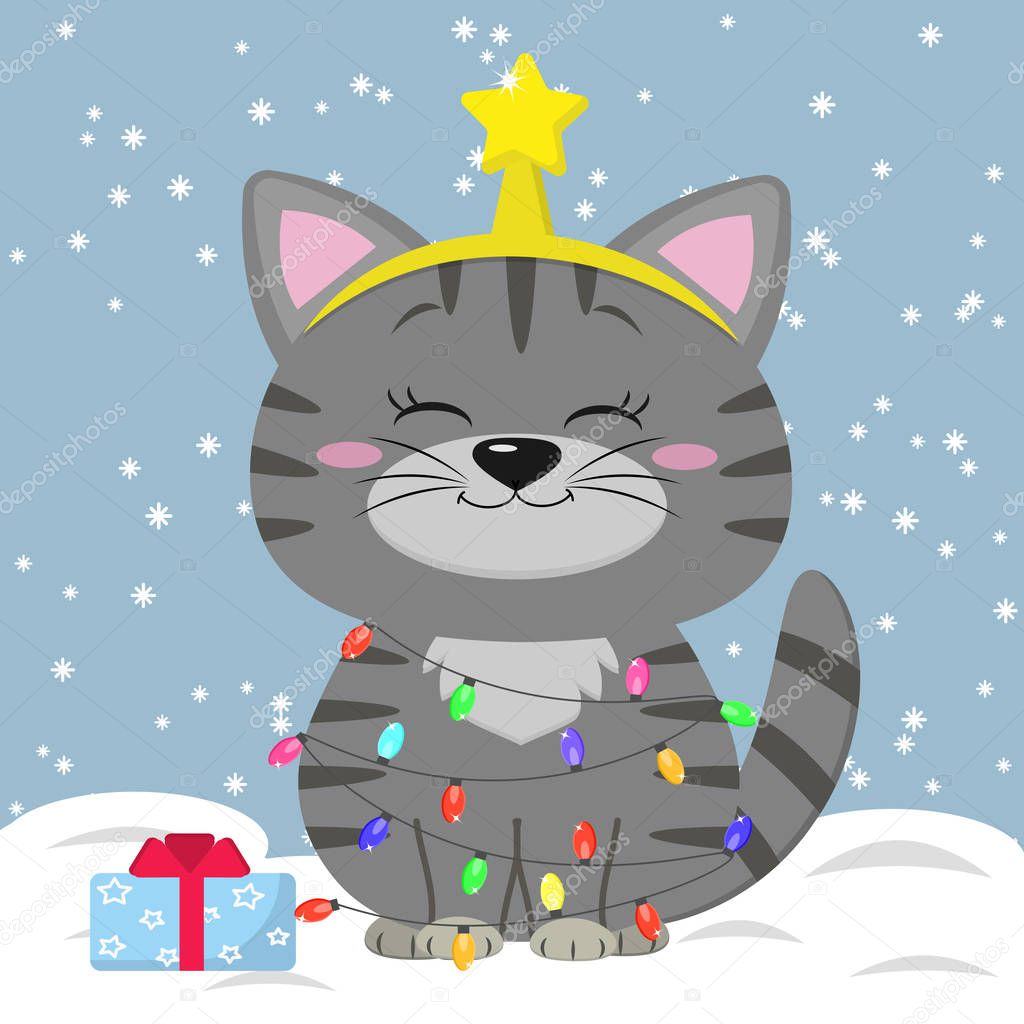 Kitten is sitting gray. He wears a garland with a Christmas tree and a star on his head, with a gift on the background of snow. Cartoon style, vector, flat.