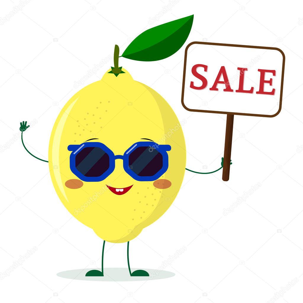 Cute lemon cartoon character in sunglasses keeps a sale sign. Vector illustration, a flat style.