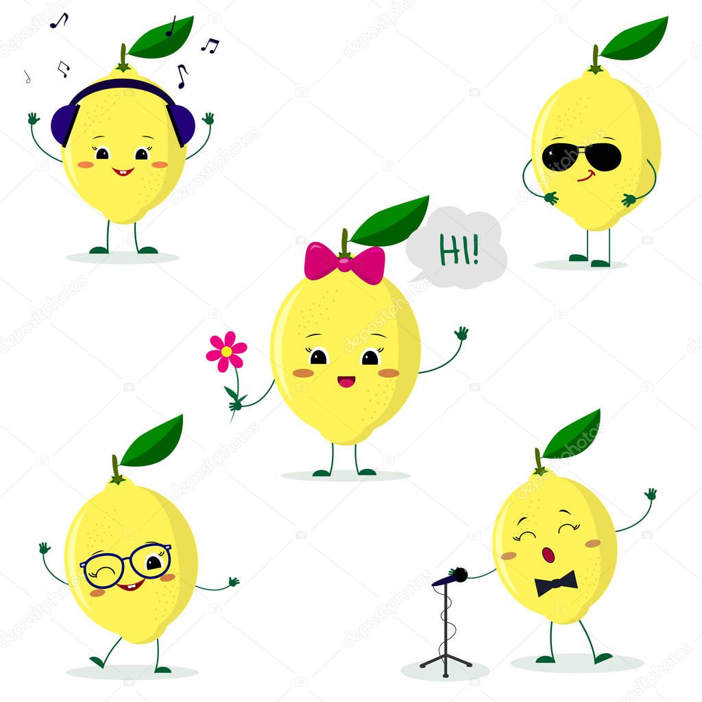 A set of five lemon character in a cartoon style. In headphones, in sunglasses, dancing in glasses , with a flower, singing into the microphone. Flat, vector.