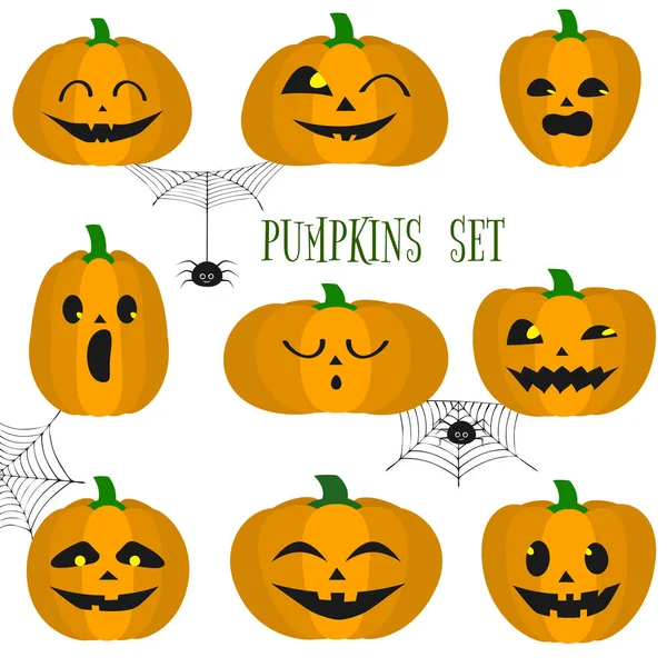 Conjunto Calabazas Halloween Caras Divertidas Estilo Dibujos Animados Arañas Telarañas — Archivo Imágenes Vectoriales