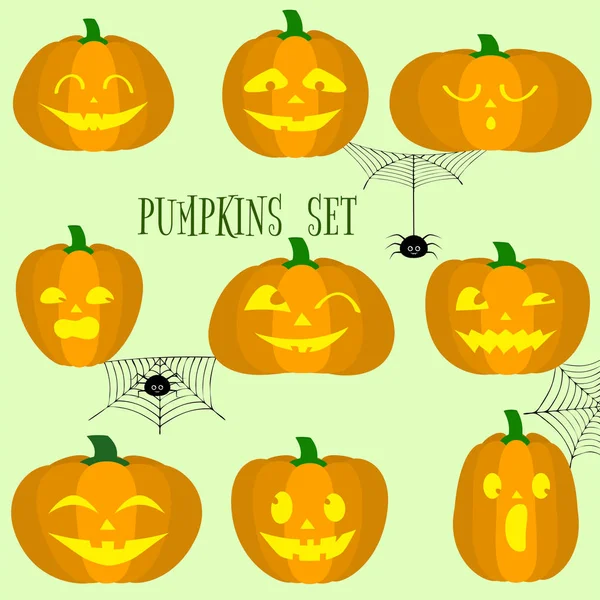 Conjunto Calabazas Halloween Caras Divertidas Estilo Dibujos Animados Arañas Telarañas — Vector de stock