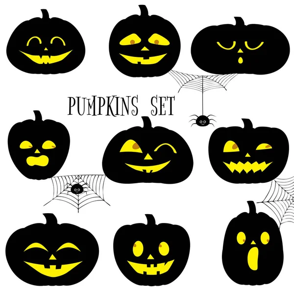 Conjunto Calabazas Halloween Negro Caras Divertidas Estilo Dibujos Animados Arañas — Archivo Imágenes Vectoriales