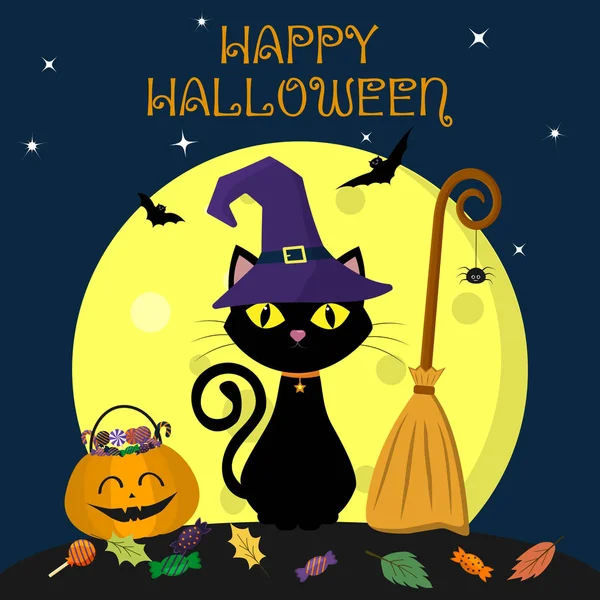 Gato Halloween Sombrero Bruja Sienta Contra Una Luna Llena Por — Vector de stock