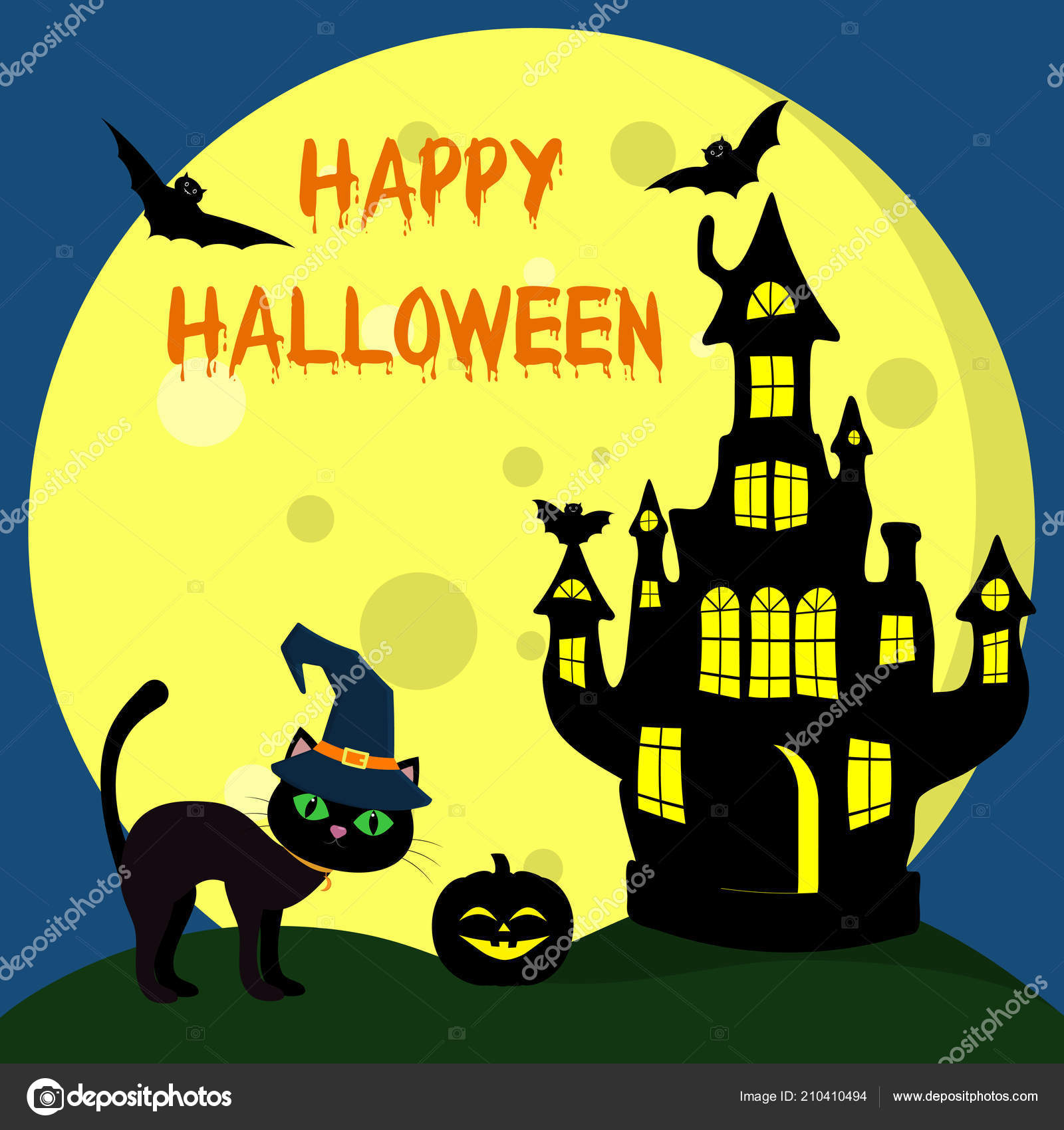 Gatto Halloween Con Cappello Strega Trova Accanto Alla Casa Witchs