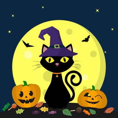 Bir cadı şapka bir Cadılar Bayramı kedi dolunay karşı gece oturur. Süpürge yanındaki iki pumpkins, şeker ve yaprakları, uçucu vampirler ve yıldız vardır. Sonbahar tatil. Vektör, düz stil, çizgi film.
