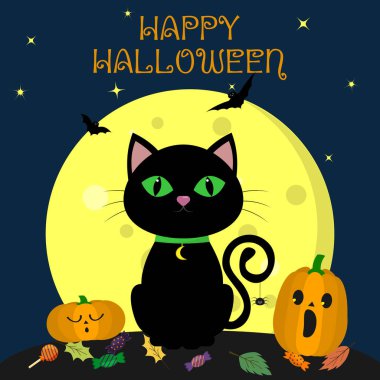 Cadılar Bayramı siyah kedi dolunay karşı gece oturur. Yakınlarda iki pumpkins, tatlılar ve yaprakları, uçucu vampirler ve yıldız bulunmaktadır. Sonbahar tatil. Vektör, düz stil, çizgi film.