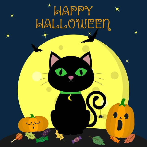 Gato Negro Halloween Sienta Contra Luna Llena Por Noche Cerca — Vector de stock