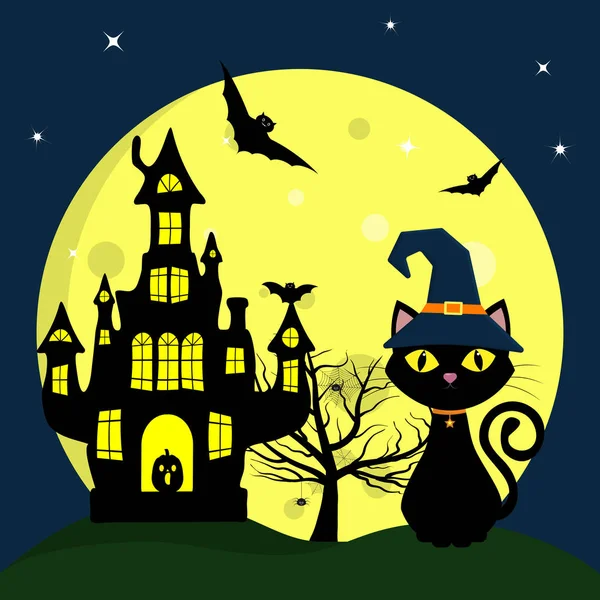 Feliz Halloween Gato Halloween Sombrero Bruja Sienta Fondo Una Luna — Archivo Imágenes Vectoriales