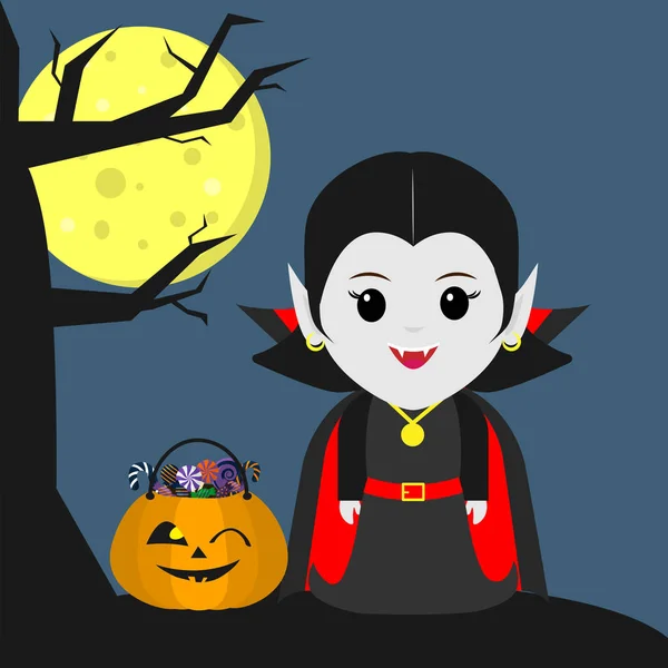 Feliz Halloween Una Chica Vampiro Estilo Una Caricatura Está Lado — Archivo Imágenes Vectoriales