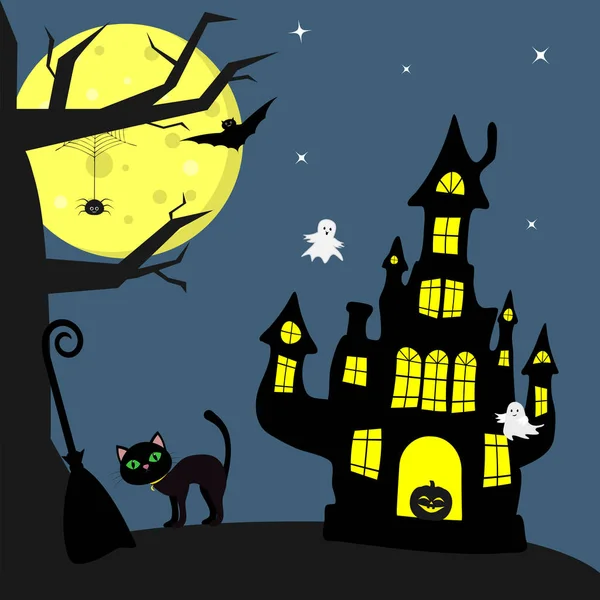 Feliz Halloween Bruja Felina Halloween Está Junto Escoba Castillo Brujas — Vector de stock