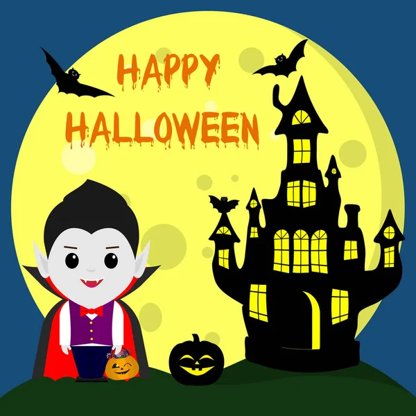 Feliz Halloween Vampiro Estilo Caricatura Encuentra Junto Castillo Fondo Luna — Vector de stock