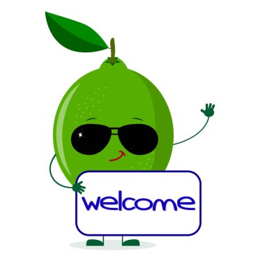 Güneş gözlüklü şirin kireç karakter tabela hoş geldiniz tutar. Vektör çizim, düz bir stil.