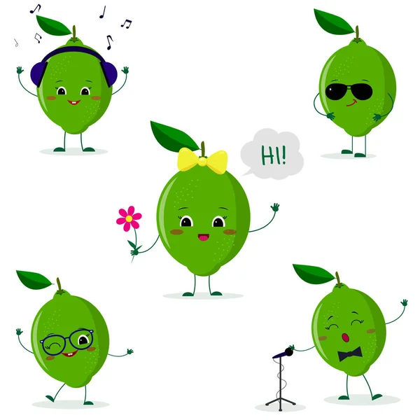 Set Five Lime Character Cartoon Style Headphones Sunglasses Dancing Glasses — Stock Vector