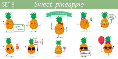 Bir dizi farklı pozlar on tatlı ananas karakter ve aksesuarları, karikatür tarzı. Vektör çizim, düz bir tasarım.