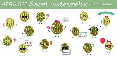 Mega on beş karpuz karakter farklı teşkil etmektedir ve aksesuarları karikatür tarzı ayarlayın. Vektör çizim, düz bir tasarım.