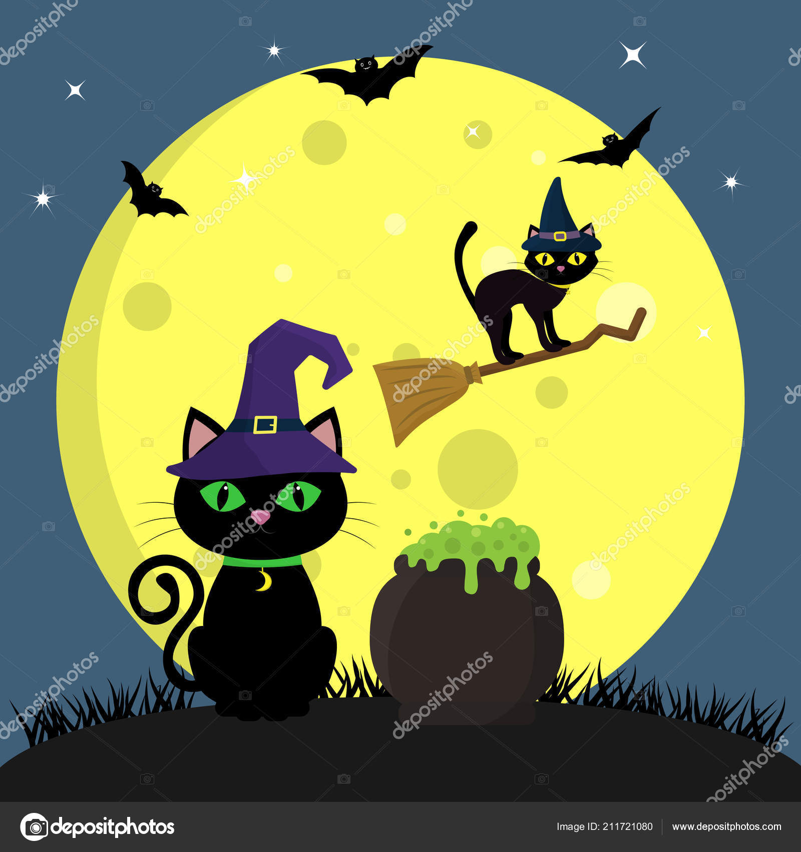 Il Gatto Di Halloween Con Il Cappello Di Witchs Si Siede Accanto Al