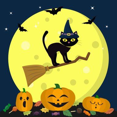 Dolunay geceleri karşı bir süpürge cadı şapkası bir Cadılar Bayramı kedi uçar. Üç kabak Cadılar Bayramı, tatlılar ve yaprakları, uçucu vampirler ve yıldız. Sonbahar tatil.