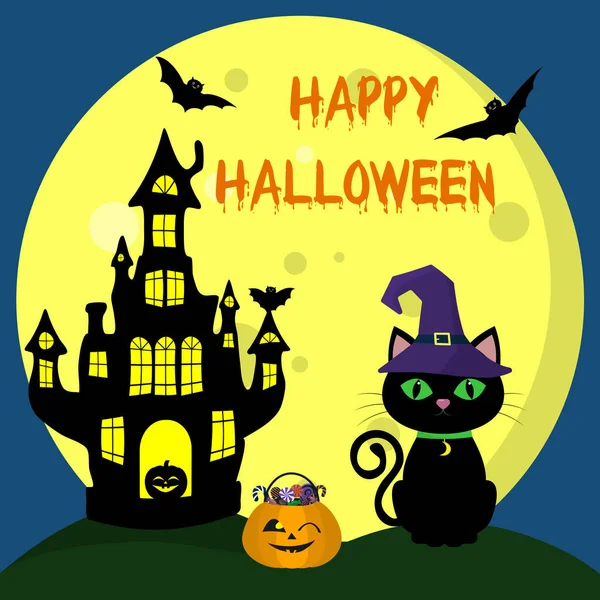 Feliz Halloween. El gato de Halloween en el sombrero de bruja se sienta en el fondo de la luna llena. Junto a la calabaza con dulces. Castillo de brujas negras, murciélagos . — Vector de stock