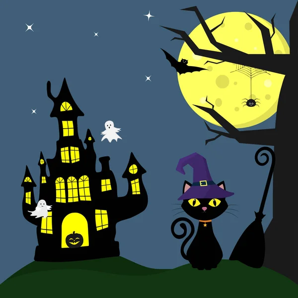 Feliz Halloween. Gato de Halloween en un sombrero bruja está al lado de una escoba. Castillo de brujas, calabaza, árbol, araña, luna llena por la noche. Vampiros voladores, fantasmas y estrellas. Vacaciones de otoño . — Vector de stock