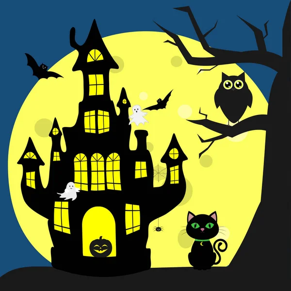 Feliz Halloween. Helluinsky gato negro se sienta al lado de la casa de la bruja. Un árbol, un búho, vampiros voladores, arañas, fantasmas y una luna llena por la noche . — Archivo Imágenes Vectoriales