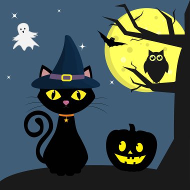 Cadılar Bayramınız Kutlu Olsun. Cadılar Bayramı kedi cadı kabak yanında oturur. Bir ağaç, bir baykuş, dolunay geceleri. Vampirler, hayaletler ve yıldız uçan.