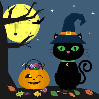 Cadılar Bayramınız Kutlu Olsun. Bir cadı şapka bir Cadılar Bayramı kedi tatlılar ile dolu bir kabak yanında oturur. Bir ağaç, bir örümcek, dolunay geceleri. Vampirler ve yıldız uçan.