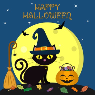 Cadılar Bayramınız Kutlu Olsun. Kara kedi halloween gece dolunay karşı oturur. Bir örümcek, bir kabak tatlılar, yaprak, uçucu vampirler ve yıldız ile süpürgeyle.