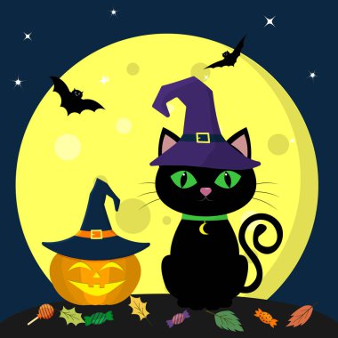 Cadılar Bayramınız Kutlu Olsun. Halloween cadı şapka içinde siyah bir kedi dolunay karşı gece oturur. Şapkalı bir kabak yanındaki cadı, şeker, yaprak, uçucu vampirler ve yıldız.