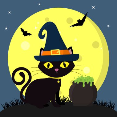 Cadılar Bayramınız Kutlu Olsun. Halloween cadı şapka içinde siyah bir kedi dolunay karşı gece oturur. İksir, şeker, yaprak, uçucu vampirler ve yıldız ile sonraki pot.