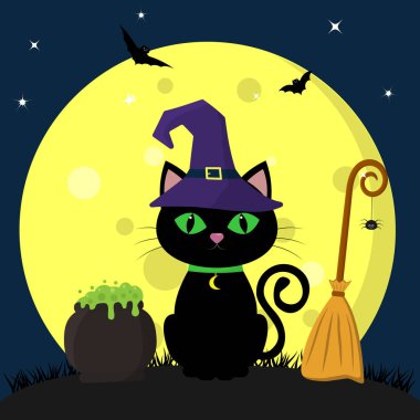 Cadılar Bayramınız Kutlu Olsun. Halloween cadı şapka içinde siyah bir kedi dolunay karşı gece oturur. İksir, süpürge, örümcek, uçucu vampirler ve yıldız sonraki pot.