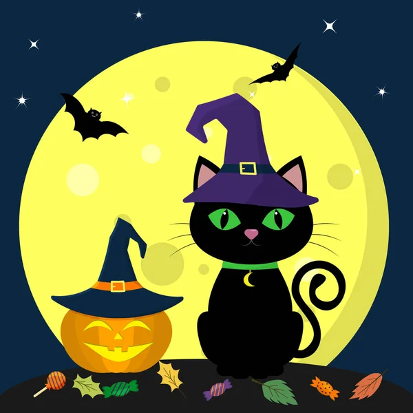 Halloween fericit. O pisică neagră de Halloween într-o pălărie de vrăjitoare stă pe o lună plină noaptea. Lângă dovleac într-o pălărie vrăjitoare, bomboane, frunze, vampiri volatili și stele . — Vector de stoc