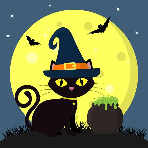 Buon Halloween. Un gatto nero di Halloween con un cappello da strega si siede contro la luna piena di notte. Prossimo POT con pozione, caramelle, foglie, vampiri volatili e stelle . — Vettoriale Stock