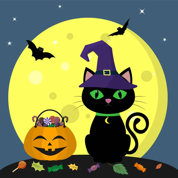 Glad halloween. En Halloween katt i en häxa hatt sitter bredvid en pumpa som är fylld med godis. Fullmåne på natten. Flygande vampyrer och stjärnor. — Stock vektor