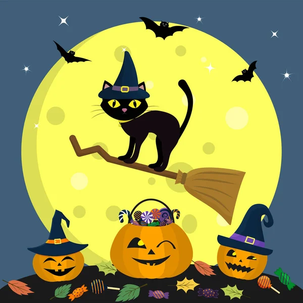 Feliz Halloween. El gato de Halloween en un sombrero de bruja vuela en un palo de escoba, contra una luna llena por la noche. Tres calabazas de Halloween con sombreros, dulces y hojas, vampiros volátiles y estrellas — Archivo Imágenes Vectoriales