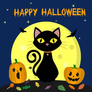 Cadılar Bayramınız Kutlu Olsun. Cadılar Bayramı kedi dolunay karşı gece oturur. İki pumpkins, şeker ve yaprakları, uçucu vampirler ve yıldız.
